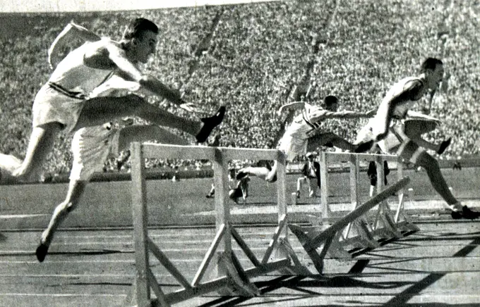 Photograph of the 110 Meter Hurdles final during the 1932 Olympic games where George Saling (1909-1933) took gold for the USA. 