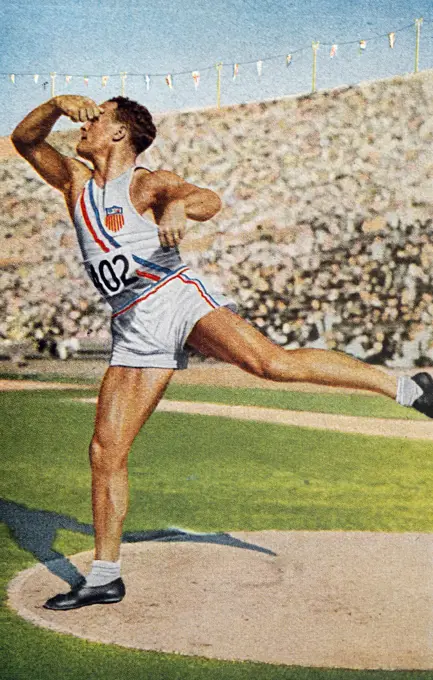 Photograph of John Franklin Anderson (1907 - 1948) competing in the discus throw during the 1932 Olympic games. 