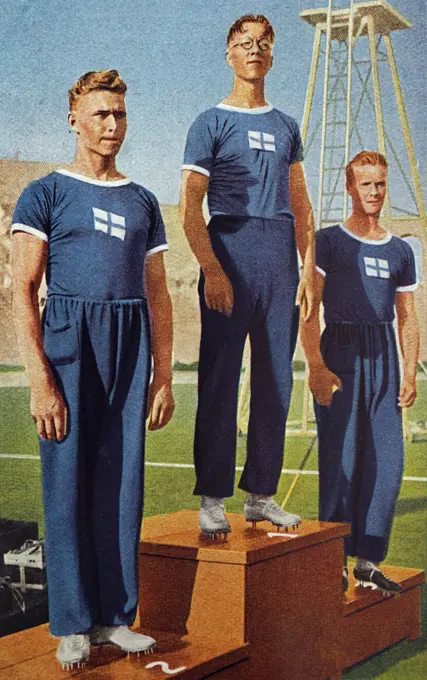 Photograph of the Javelin medal ceremony during the 1932 Olympic games. Finland finished 1st, 2nd and 3rd. Matti Jarvinen took Gold, Matti Sippala took Silver and Eino Penttila bronze. 