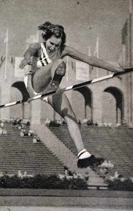 Photograph of Jean Shiley (1911- 1998) high jumping at the 1932 Olympic games. Although jumping the same height as Babe Didrikson 1.676 meters, Jean was awarded the Gold medal as Didriksons jump was considered as "diving". 