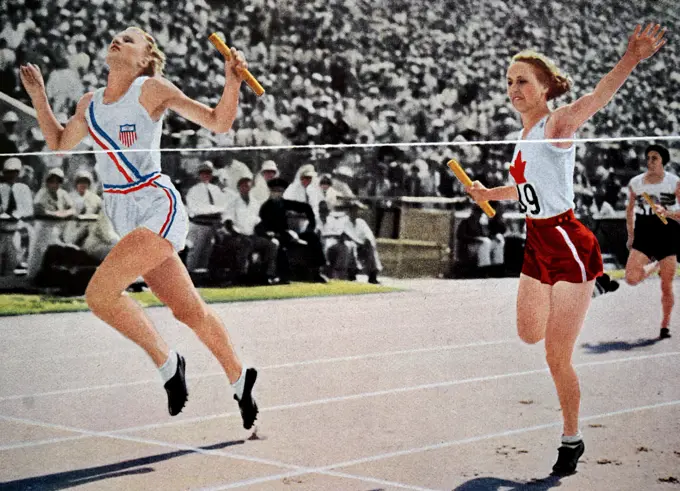 The women's 4 x 100 metres relay event at the 1932 Olympic games. Gold went to the USA's Mary Carew, Evelyn Furtsch, Annette Rogers & Billie von Bremen. Silver to Canada's Mildred Fizzell, Lillian Palmer, Mary Frizzell & Hilda Strike. Bronze to Great Britain's Eileen Hiscock, Gwen Porter, Violet Webb & Nellie Halstead.