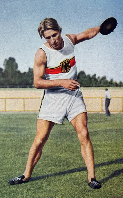 Photograph of Wolrad Eberle (1908 - 1949) completing in the Decathlon during the 1932 Olympic games. He finished third in the Decathlon for Germany.