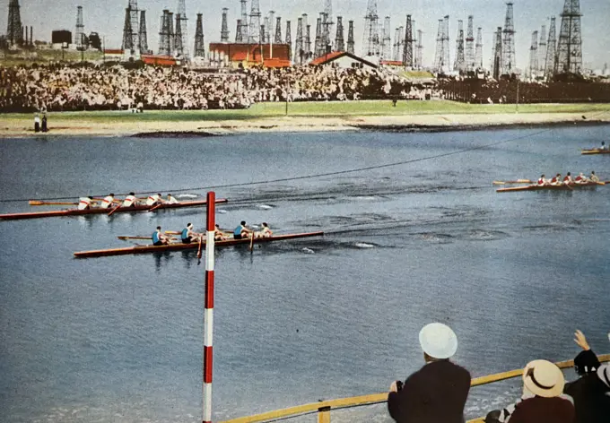 Photograph of the Coxed fours rowing at the 1932 Olympic games. The photo shows Germany win Gold over Italy who took silver. 