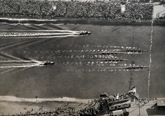 Aerial Photograph of the eight rowing final at the 1932 Olympic games. Won by America, second Italy and third Canada. Great Britain finished in fourth. 