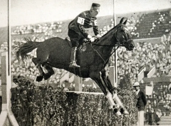 Photograph of Charles Ferdinand Pahud de Mortanges (1896 - 1971) at the 1932 Olympic games. Charles won gold in the Individual 3 day event for Holland. 