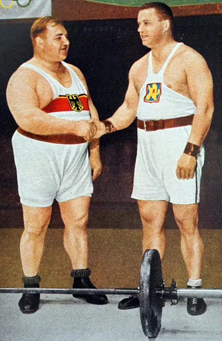 Photograph of Josef Straßberger (1894 - 1950) and Jaroslav Skobla (1899 - 1959) at the 1932 Olympic games. Jaroslav took gold for Czechoslovakia and Josef bronze for Germany in the heavyweight. 