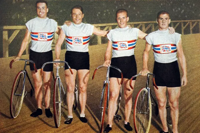 Photograph of Great Britain's pursuit team at the 1932 Olympic games. (from left to right) Charles Holland (1908 - 1989), William Frank Southall (1904 - 1964), William Gladstone Harvell (1907 - 1985) and Ernest Alfred Johnson (1912 - 1997). 