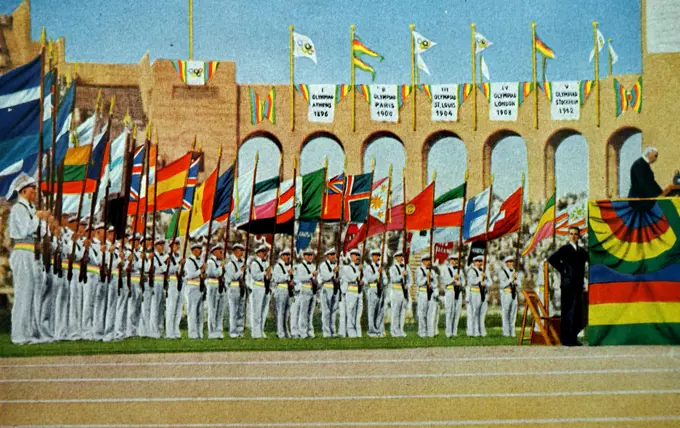 Closing ceremony of the 1932 Olympic games. Chairman of the Olympic committee Count Henri II de Baillet-Latour surrounded by 50 nations whom competed in the Olympics. 