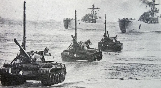 Vessels of the Polish Navy, offload tanks during the landings in Normandy during D-Day. World War Two