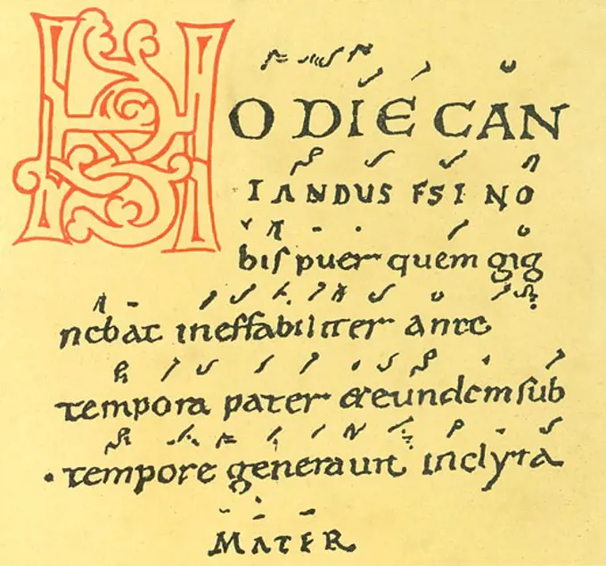 Gregorian chant of Tutilo's Trope 'Hodie Cantandus', by Tutilo or Tuathal Irish Benedictine monk, manuscript, Switzerland, 10th century