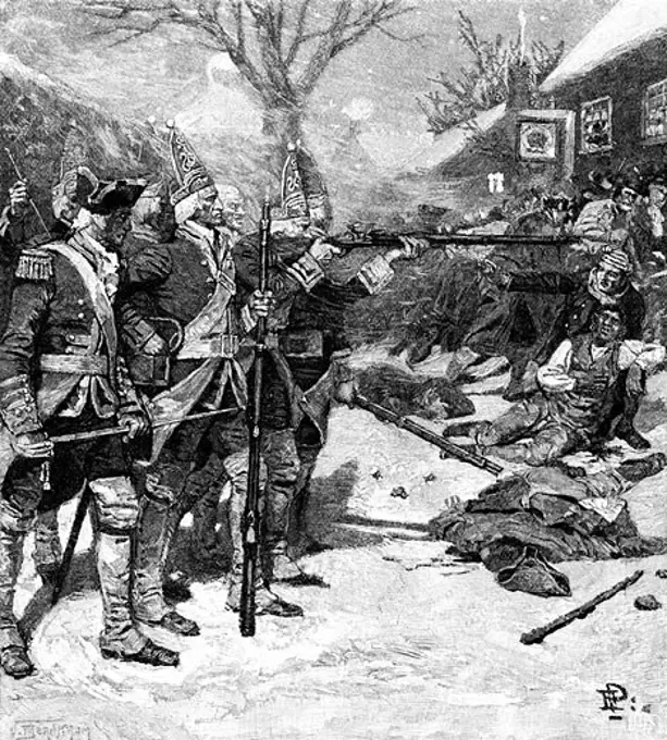 Boston Massacre, 5 March 1770. Skirmish between British troops and crowd in Boston Massachusetts. Five protesters killed, the first being Crispus Attucks a black sailor and former slave. Wood engraving, 1883