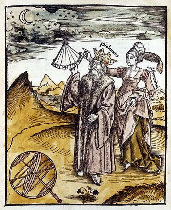 Ptolemy (Claudius of Ptolemaeus) fl150 AD, Alexandrian Greek astronomer and geographer, using quadrant to observe moon and stars. Urania, Muse of Astronomy, instructs him. Shown wearing crown as often confused with Ptolemaic kings of Egypt.