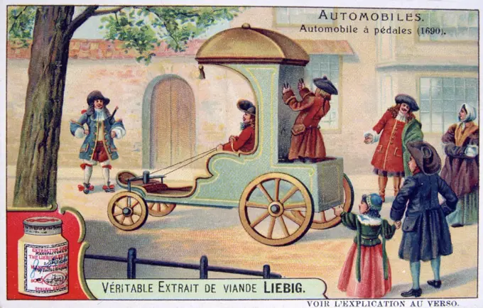 History of the Automobile: Pedal-driven carriage, 1690. The passenger sat in front guiding the vehicle with ropes on front wheels while the servant stood at back working the pedal mechanism.  Liebig Trade Card c1910.  Transport Car