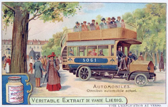 Motorised omnibus with glazed lower passenger and open upper deck accessed by outside staircase.   Liebig Trade Card c1910. Transport Public Automobile