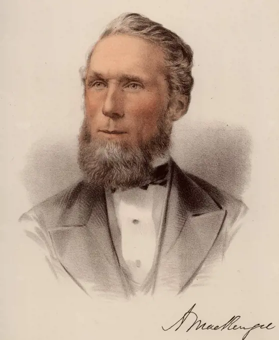 Alexander Mackenzie (1822-1892) Canadian politician.  Born in Logieraith, Perthshire, Scotland, he emigrated to Canada in 1842. First Liberal Prime Minister of Canada (1873-1878) and Leader of the Opposition (1878-1880).   From The Modern Portrait Gallery (London, c1880). Tinted lithograph.