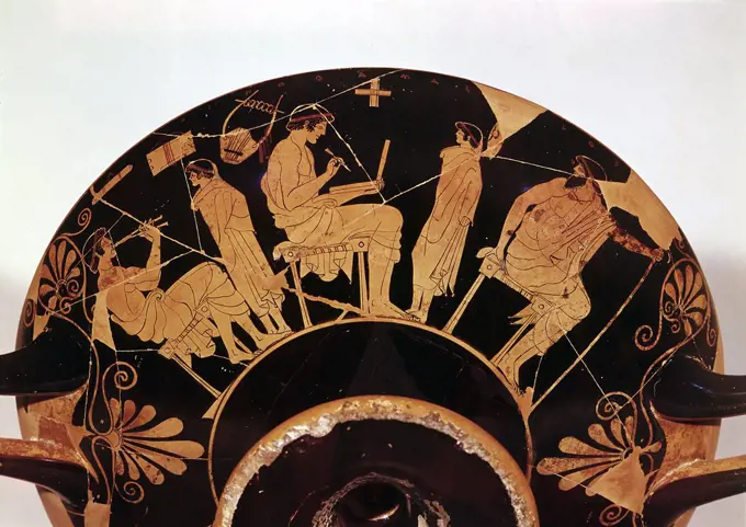 Masters and pupils at the Athenian school where studies included music. Greek red figure vessel . Staatliche Museum Berlin