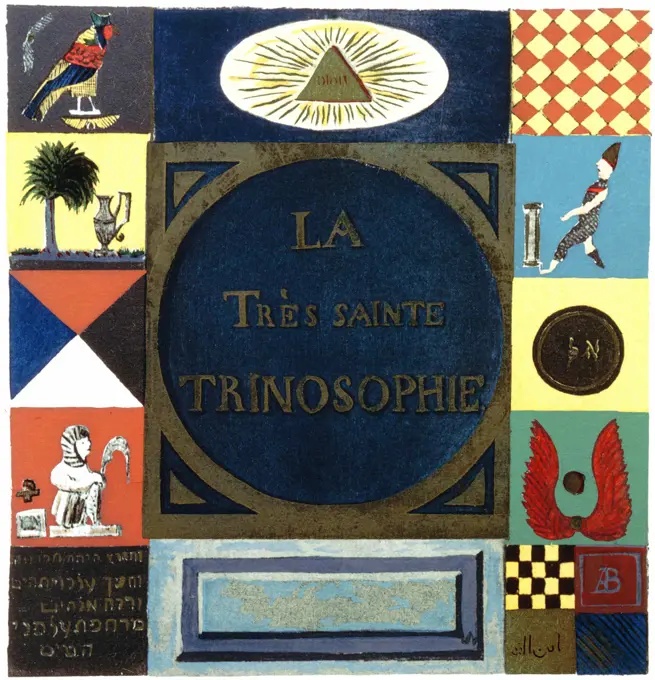 Title page of La Tres Sainte Trinosophie. 18th century cabbalistic-alchemical manuscript attributed to Comte de Sainte-Germain, showing symbols summarising Hermetism