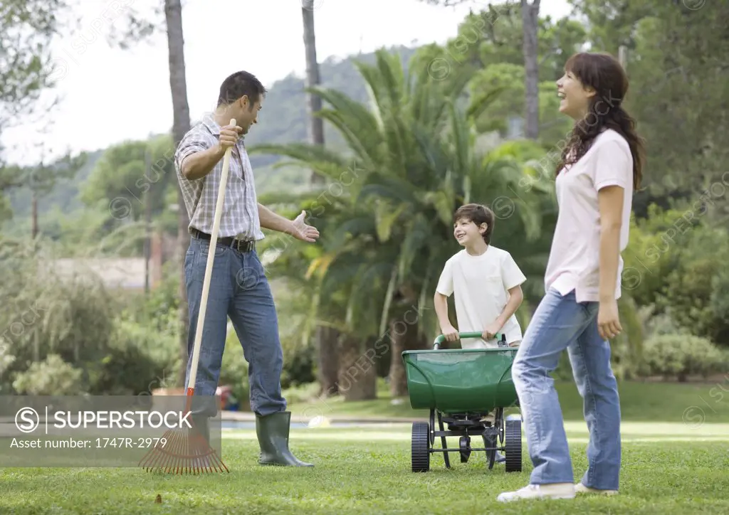 Family doing yardwork