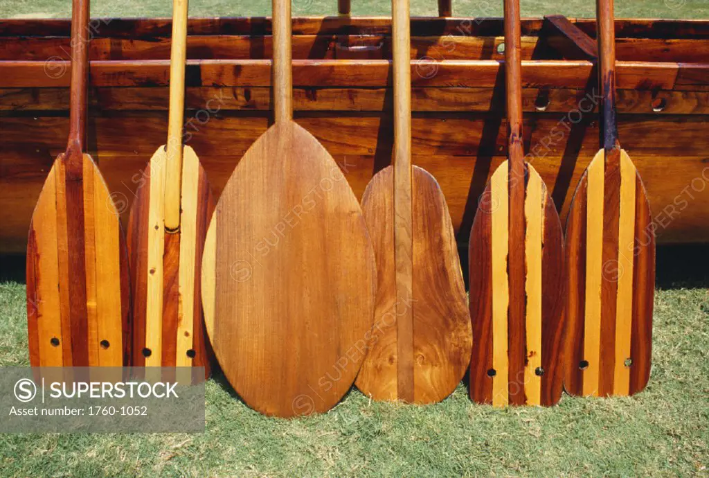 Hawaii, Different shaped canoe paddles in front of koa canoe