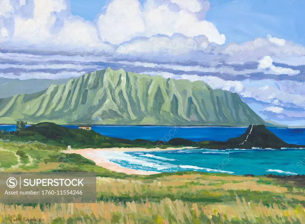 Pyramid Rock, Hawaii, Oahu, Pyramid Rock And Kualoa Point In Background (Acrylic Painting).