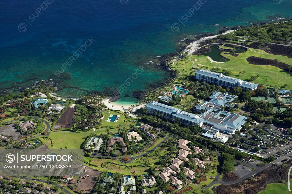 Aerial view of Fairmont Orchid Hotel, Pauoa Bay, Mauna Lani Golf Course; Mauna Lani, Island of Hawaii, Hawaii, United States of America