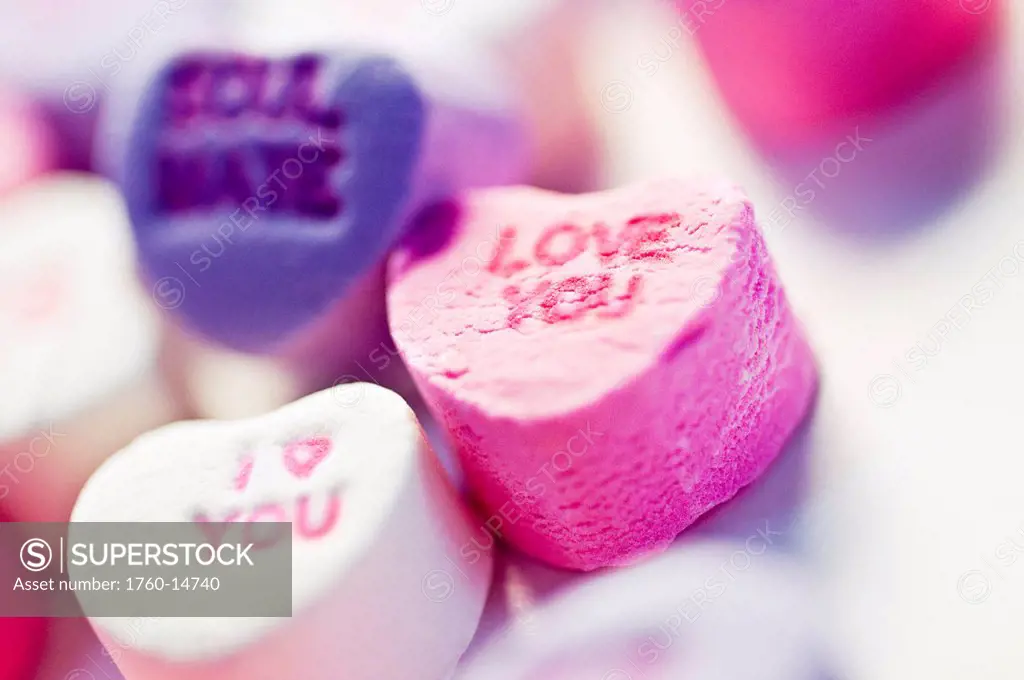 Candy hearts display messages for Valentines Day.