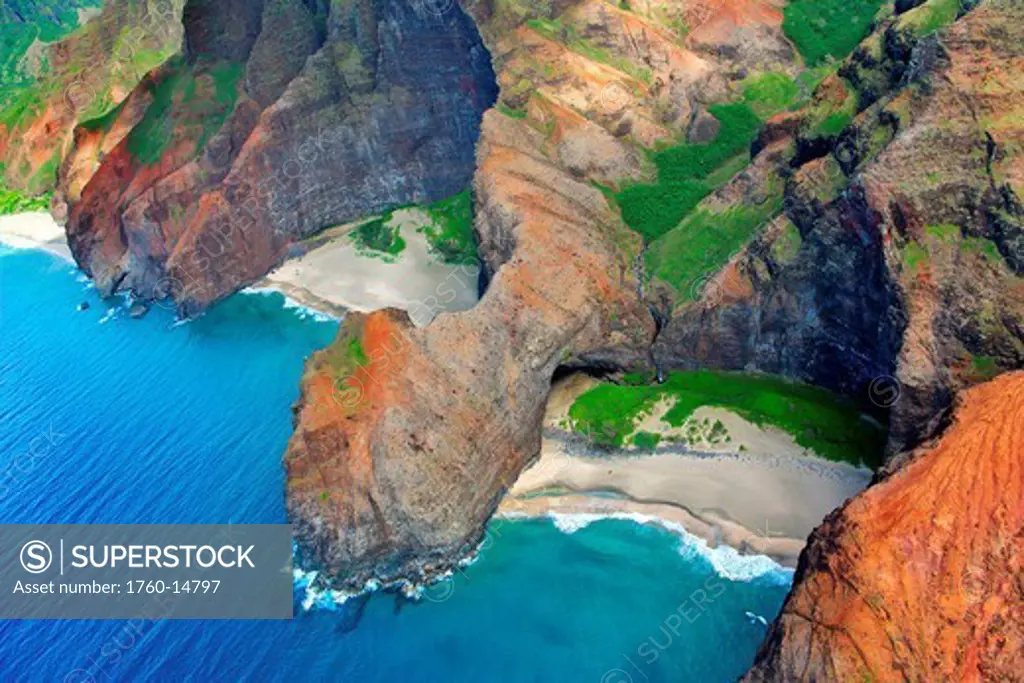 Hawaii, Kauai, Na Pali Coast, Aerial of coastal cliffs and Honopu Beach or Cathedral Beach.