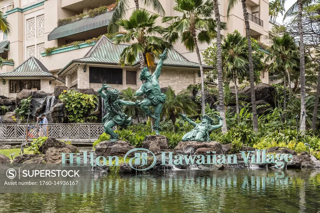 Hula Kahiko dancer statues at Hilton Hawaiian Village, Waikiki; Honolulu, Oahu, Hawaii, United States of America