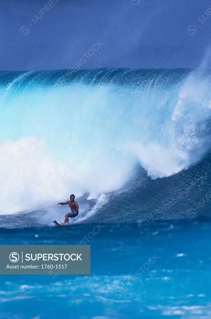 Hawaii Maui Windmills, Lloyd Ishimine surfing, large crashing wave in back A12B