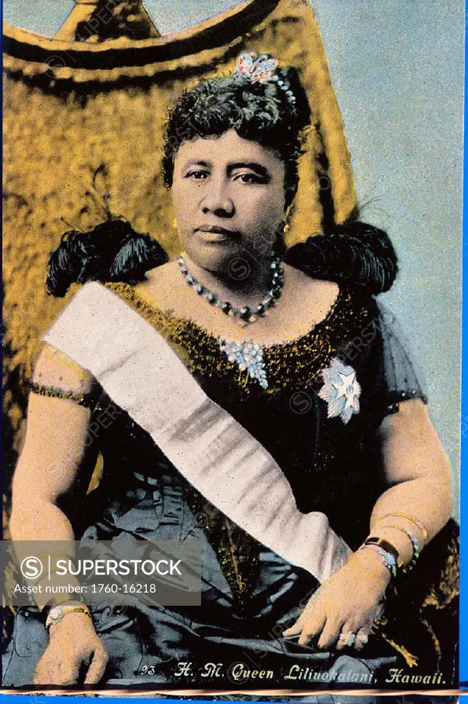 c.1892 Queen Liliuokalani color portrait sitting in throne C1527