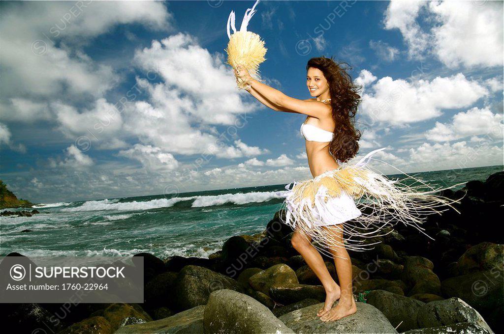 Hawaii Kauai Kealia Beautiful Hawaiian Girl Dancing Hula On Ocean Shoreline Superstock