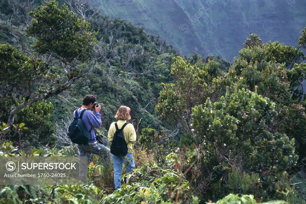 Hawaii, Kauai, Kokee SP, German couple on Pihea Trail overlooking scenery, camera