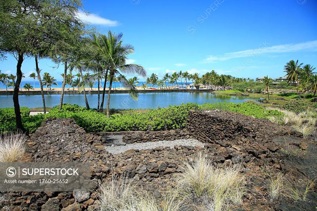 Hawaii, Big Island, Anaehoomalu Bay, site of ancient Hawaiian homes, beach and ocean in the distance