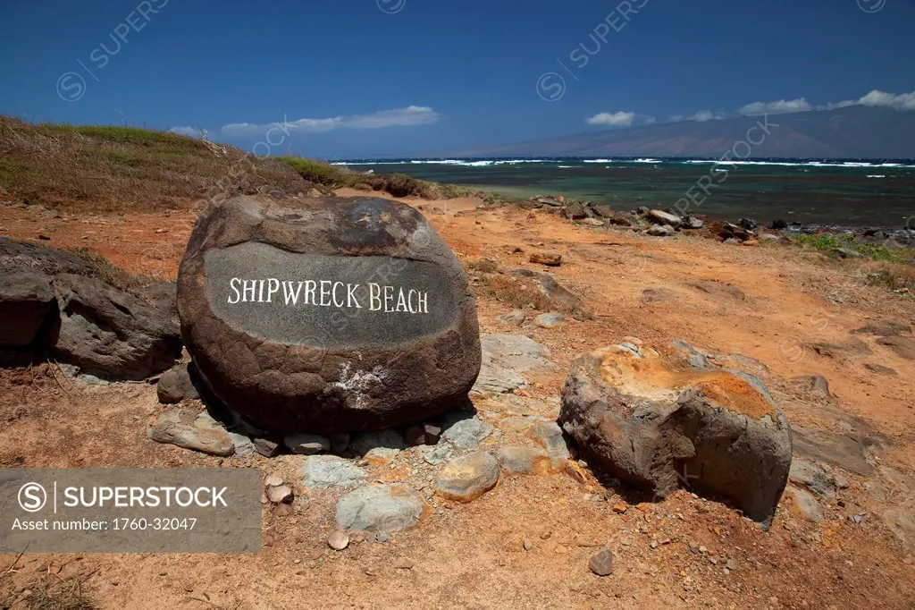 Hawaii, Lanai, Shipwreck Beach, Kaiolohia, Shipwreck Beach Sign On Rock.