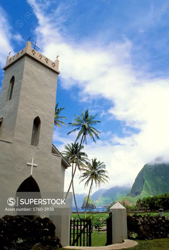 Hawaii, Molokai, Kalawao Kalaupapa Peninsula, Exterior of St.Philomena Church.