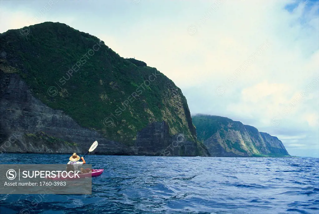 Hawaii, BigIsle, North Shore along coastline, person kayaking B1534