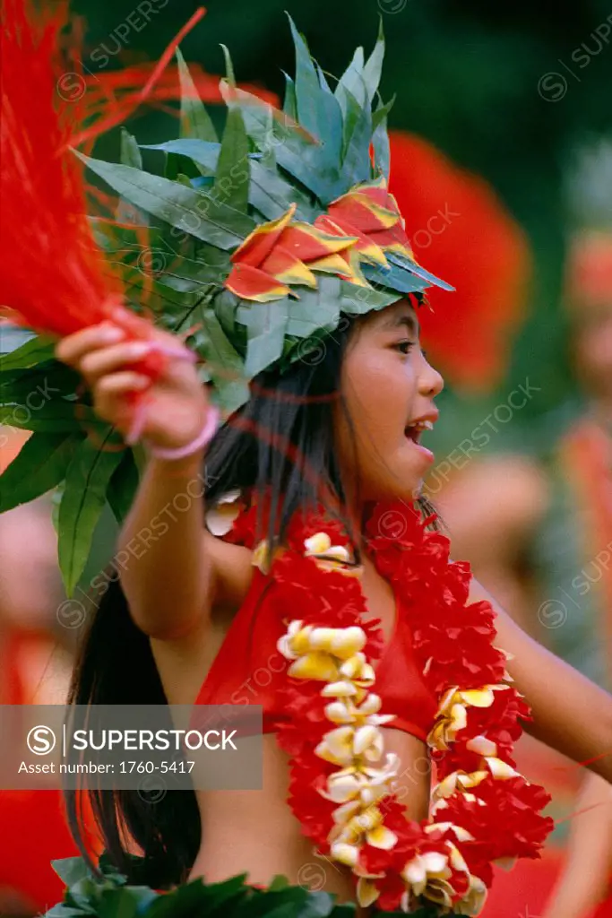 French Polynesia, Tahitian children dancing with leis & headpiece, outdoors A57A