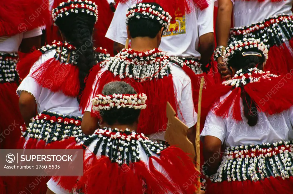 Micronesia, Northern Marianas, dancers in traditional costume, view from behind