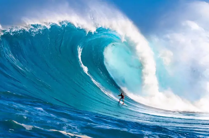 A tow-in surfer drops down the face of Hawaii's big surf at Peahi (Jaws) off North shore Maui; Maui, Hawaii, United States of America