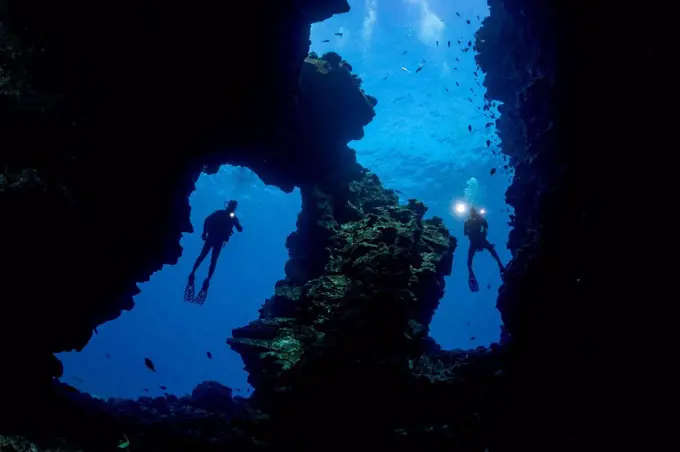 Divers pictured at the entrance to Second Cathedral off the Island of Lanai; Lanai, Hawaii United States of America