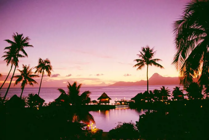 French Polynesia, Tahiti, Papeete, Hotel Tahiti Beachcomber at twilight