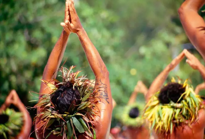 French Polynesia, Tahiti, View from behind Tahitian men dancing outdoors, arms raised, wearing haku on head