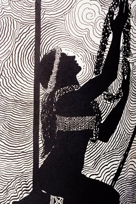 c.1930 Don Blanding art, Hawaiian woman offering lei to the gods.