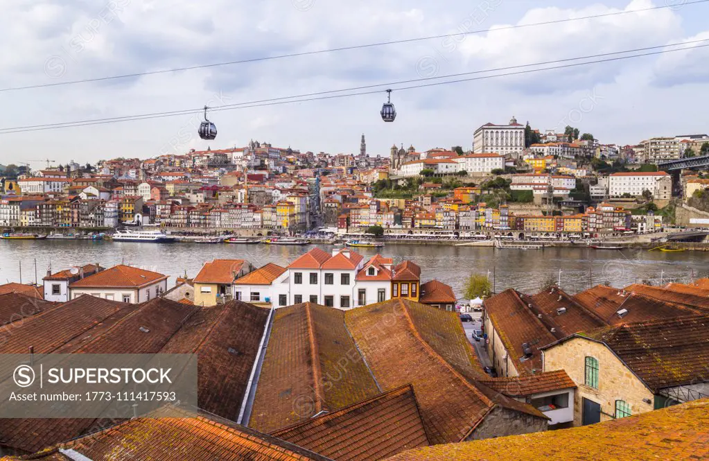 Port wine cellars at Douro River and Teleférico de Gaia, Porto, Portugal