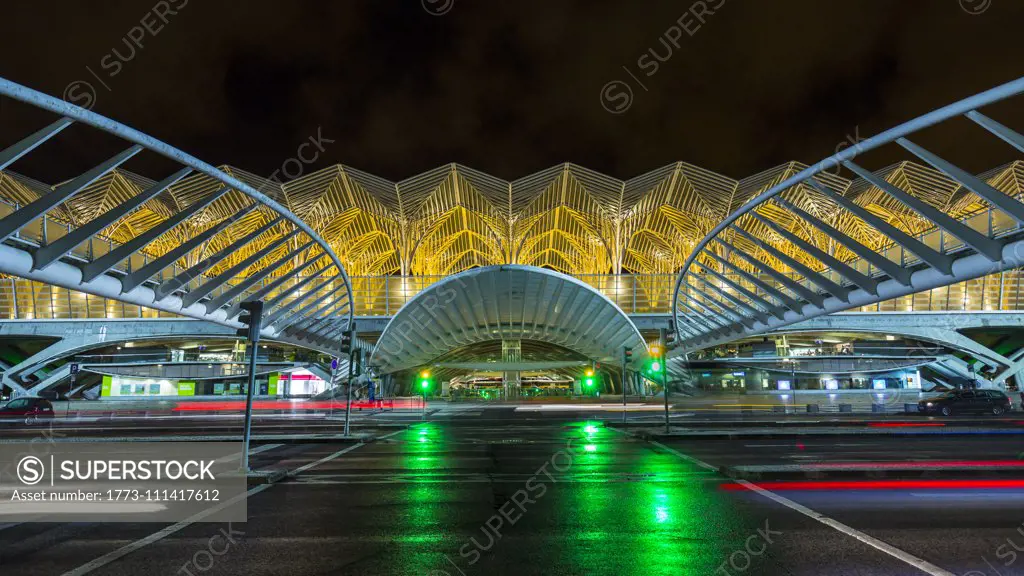 Oriente Station, International Convention Center at night, Lisbon, Portugal