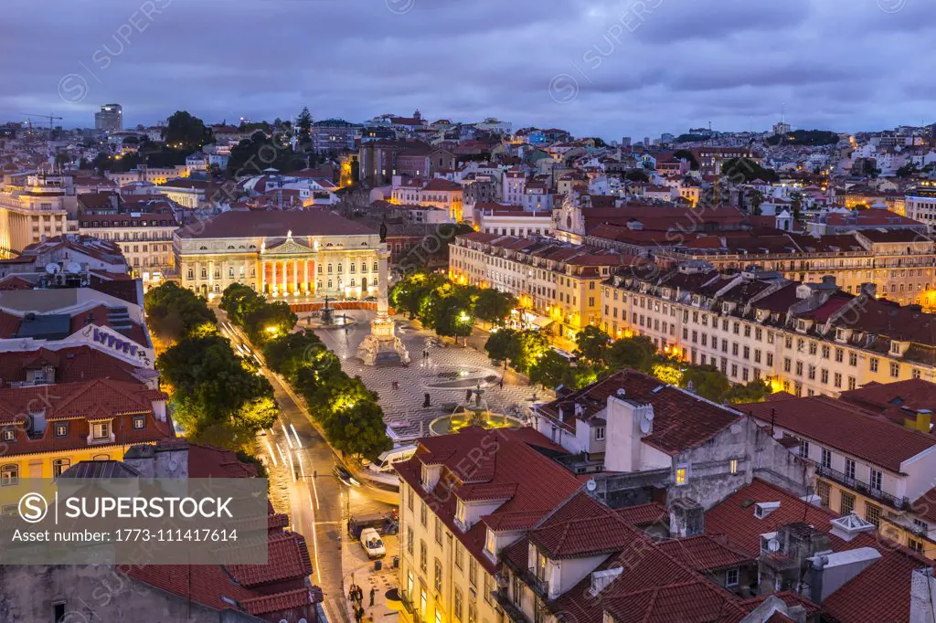 Rossio Square at night, Lisbon, Portugal