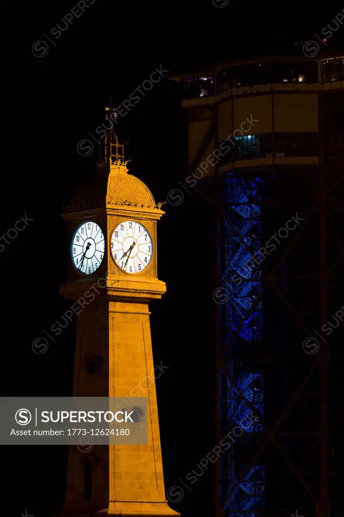 Port Vell clock tower at night, Barcelona, Catalonia, Spain