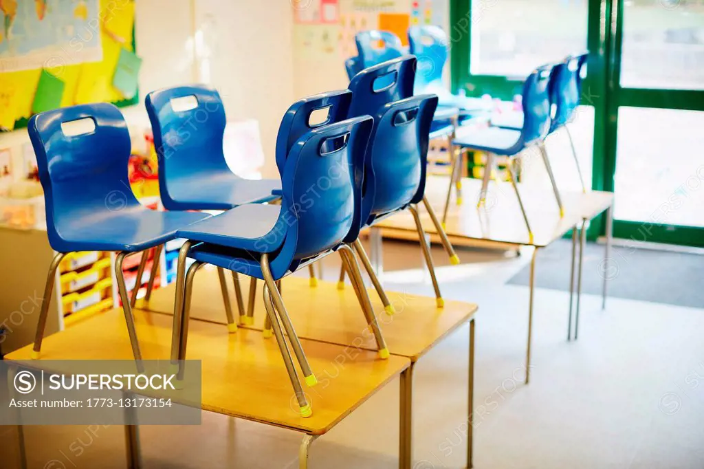 Empty classroom with chairs on desk in elementary school