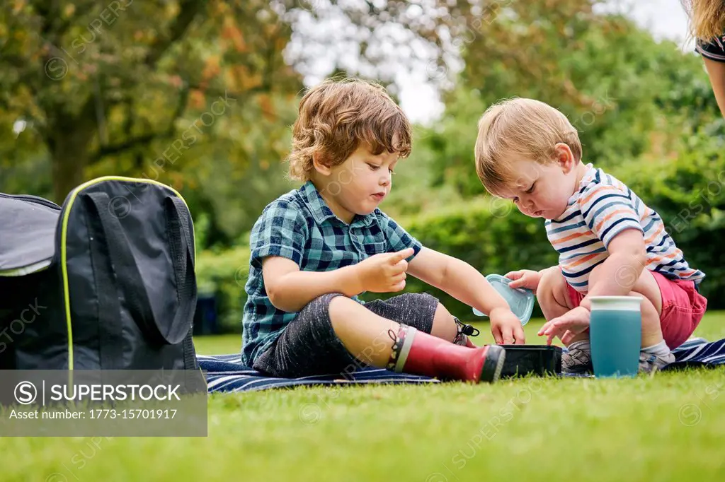 Brothers sharing food in park