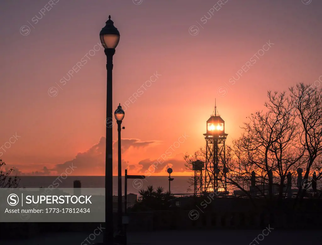 Sunset at port, Barcelona, Spain